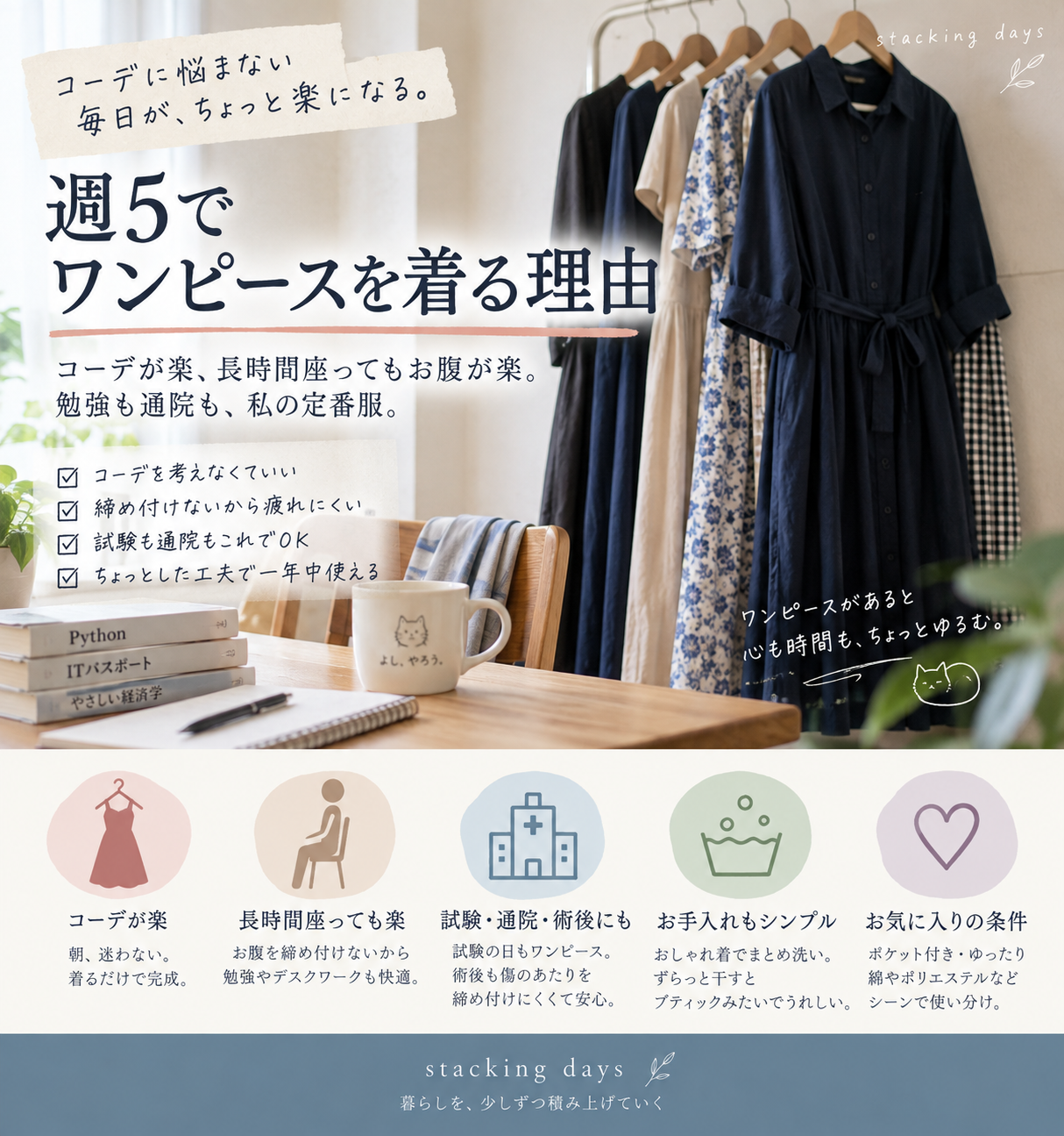 ハンガーに並んだワンピースと勉強机を描いた、週5でワンピースを着る理由の記事アイキャッチ