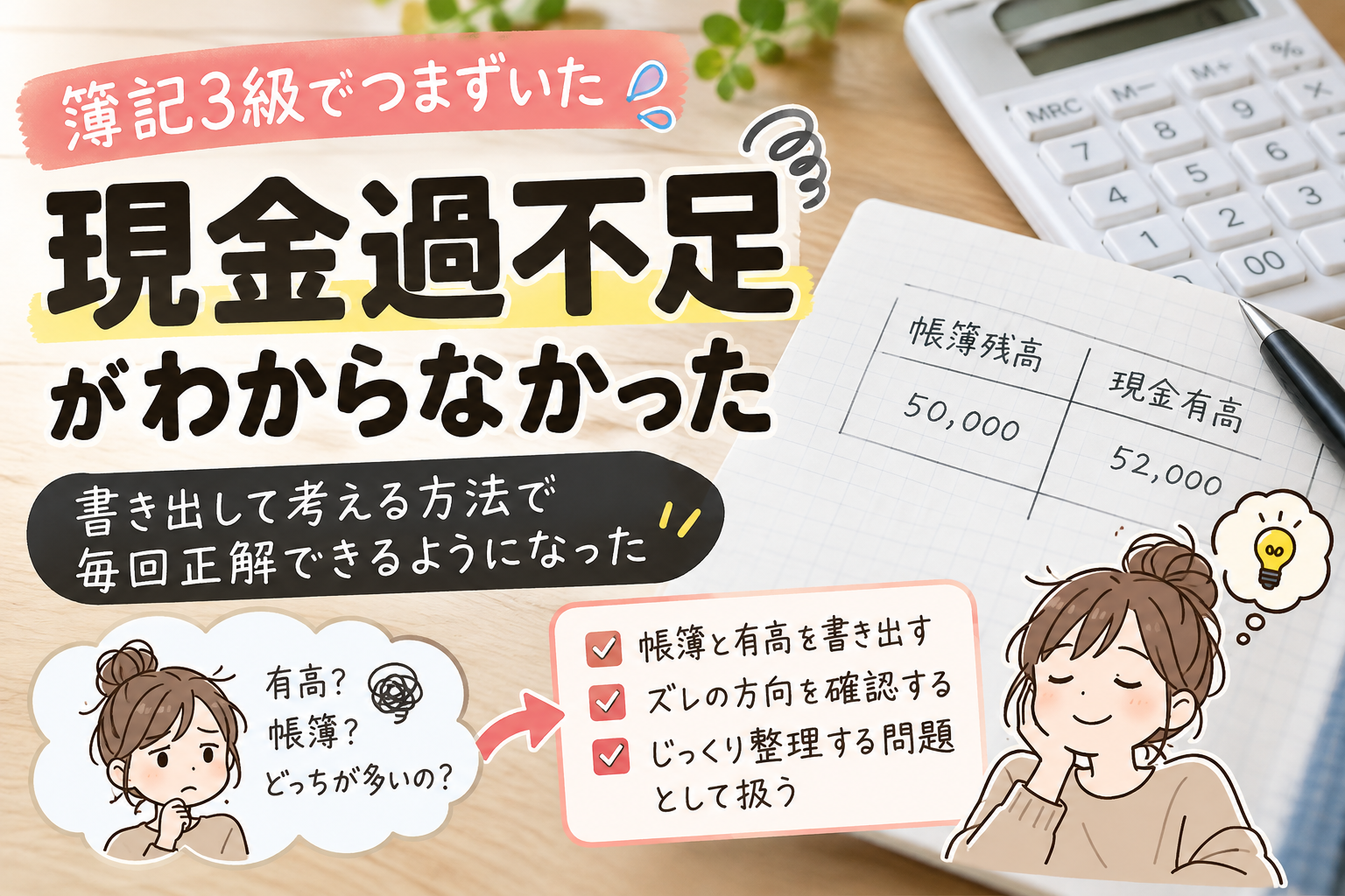 簿記3級の現金過不足が苦手だった体験談。帳簿残高と現金有高を書き出して比較する勉強法を紹介するアイキャッチ画像。