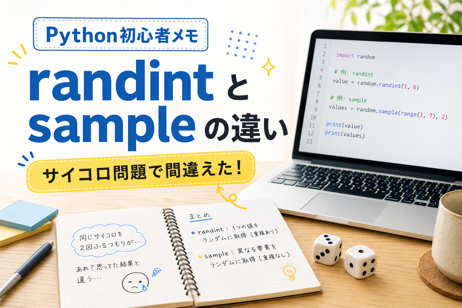 Pythonのrandom.randintとrandom.sampleの違いをサイコロ問題で解説する記事のアイキャッチ画像