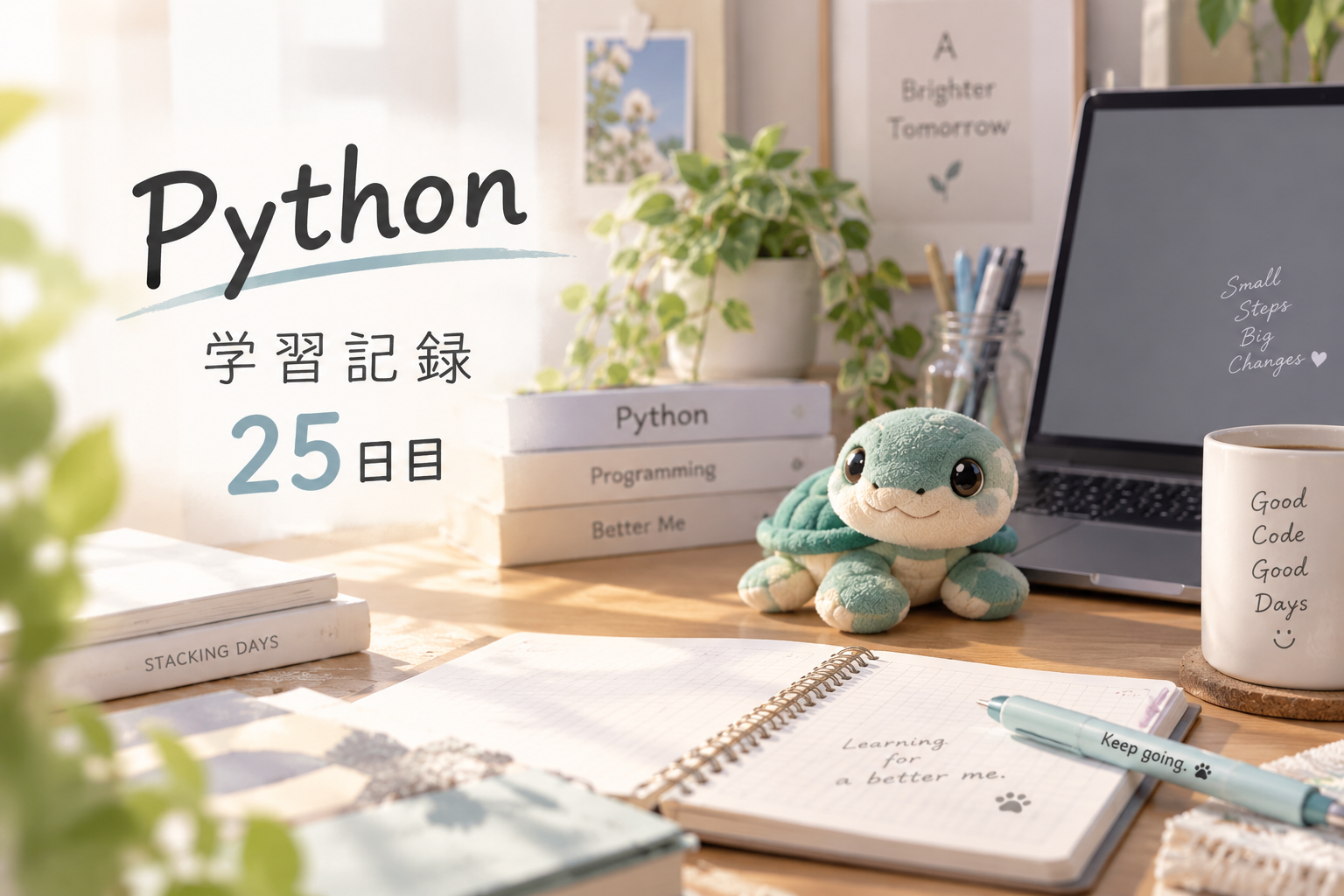 Python学習25日目の学習記録。ノートパソコンや参考書、ノートが並ぶ明るいデスクと亀のぬいぐるみ