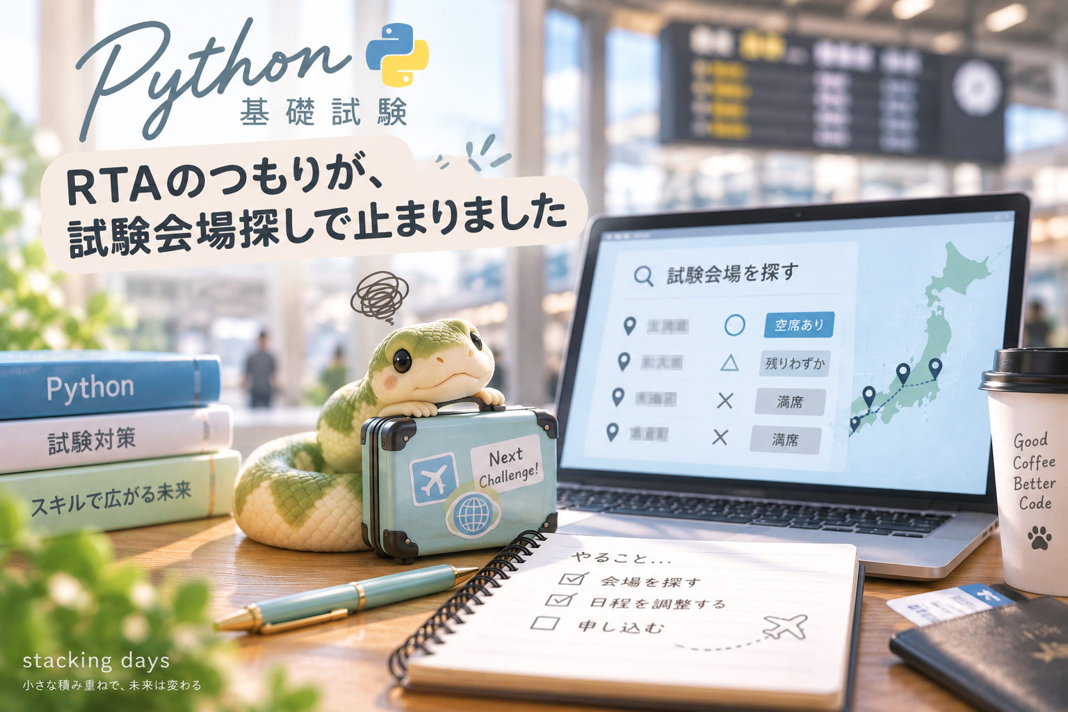 試験日程が決まらずに困った顔をしている机の上のヘビ