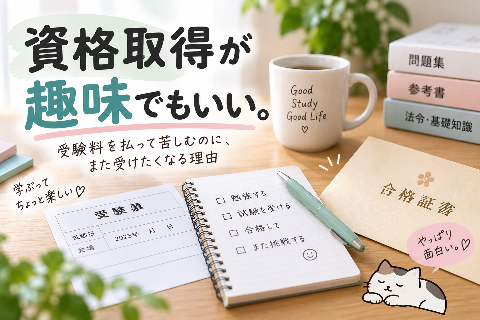 参考書や受験票、合格証書を並べた「資格取得が趣味でもいい」記事のアイキャッチ