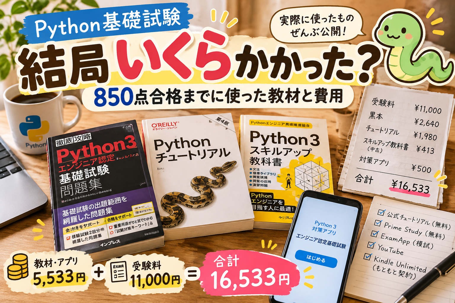 Python基礎試験にいくらかかった？850点合格までに使った教材と費用